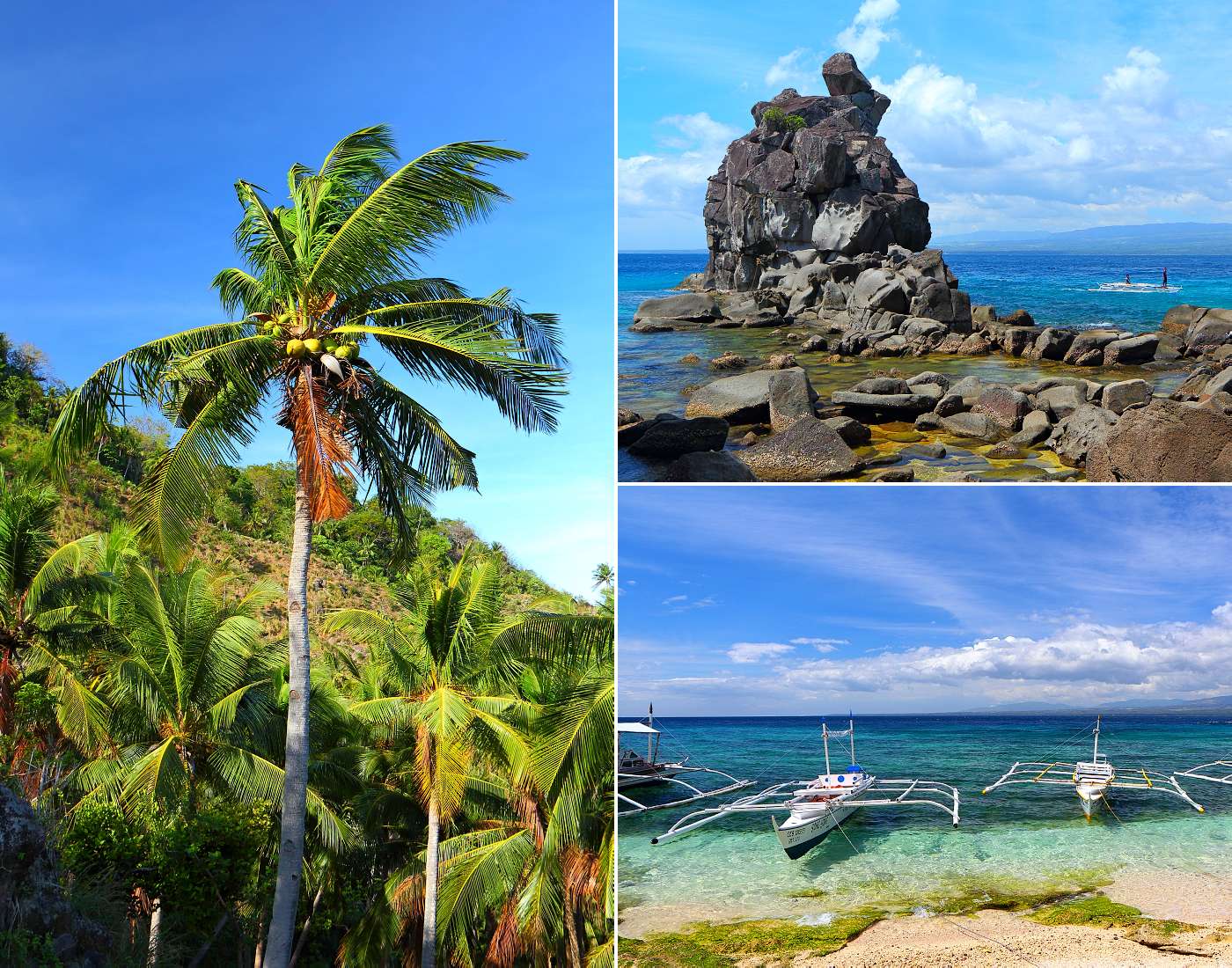 Kolekce snímů z ostrova Apo - pobřeží, rybářské lodě, pláže a krajina.