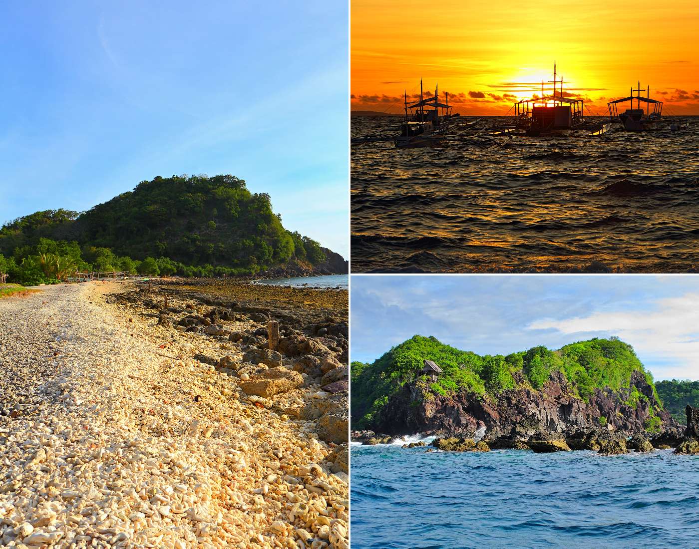Kolekce snímů z ostrova Apo - členité pobřeží, rybářské lodě, pláže a krajina.