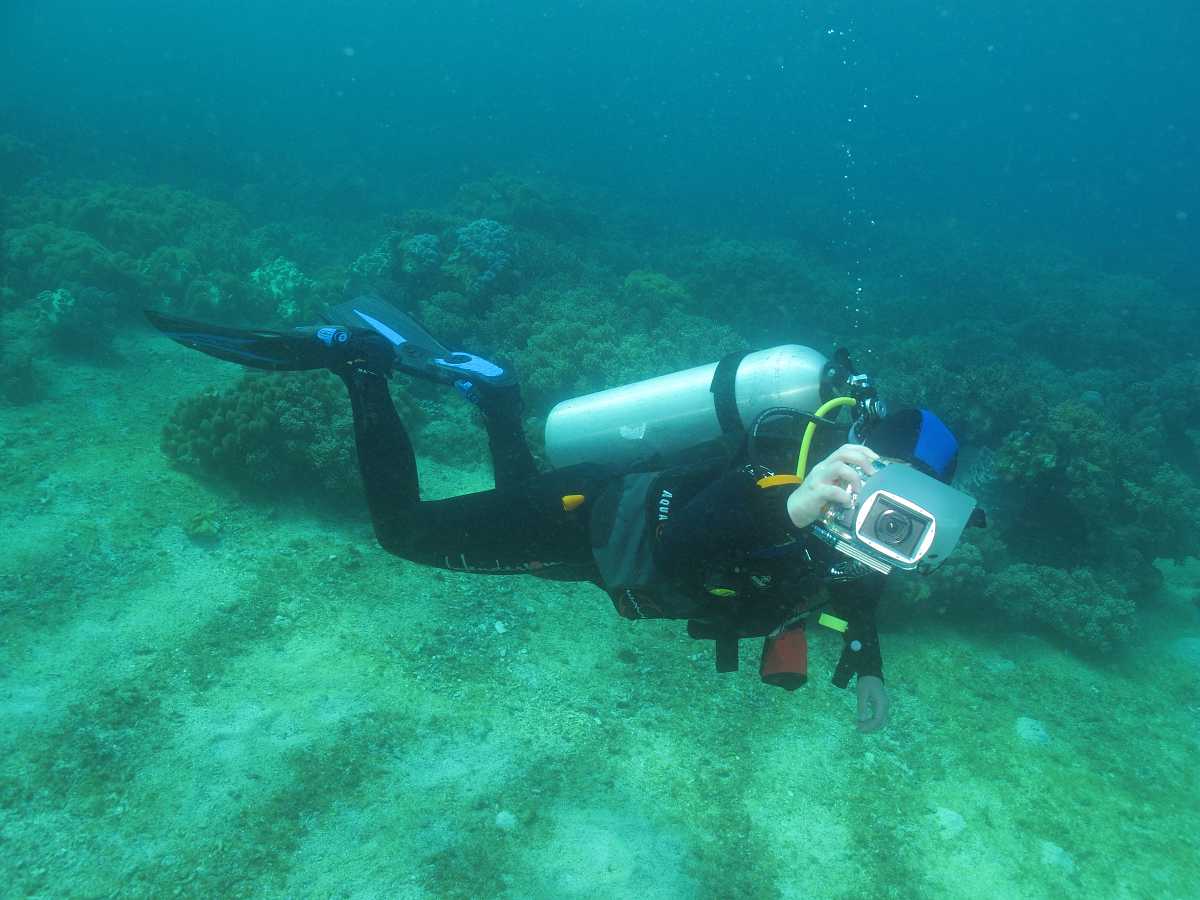 Ostrov Apo, Katka s fotoaparátem Canon Powershot G11, podvodní pouzdro Canon WPDC-34 v zelené vodě.