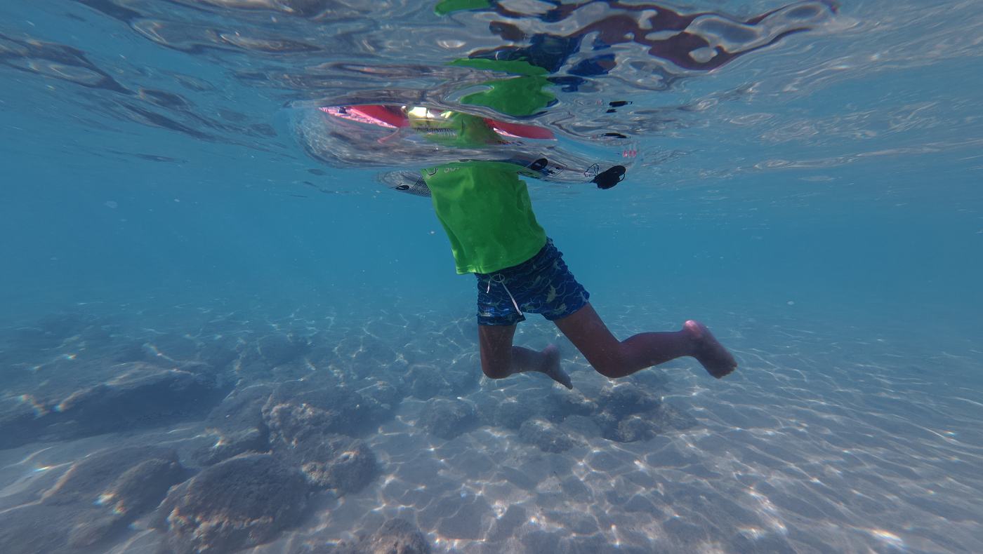 Tomík s pozorovací bójí Olu v mělké vodě, ukázka viditelnosti