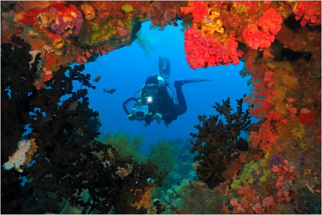 Ukázka míchání umělého a přirozeného světla, 2x Sola světlo 2500. Raja Ampat, Indonésie.